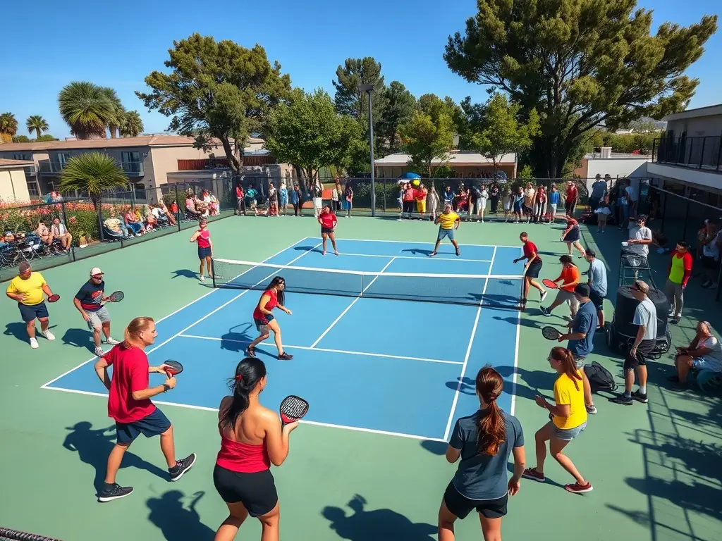 An action-packed image of adults competing in a padel tournament, showcasing the intensity and excitement of competitive play. The players should be focused and determined, with spectators cheering them on.