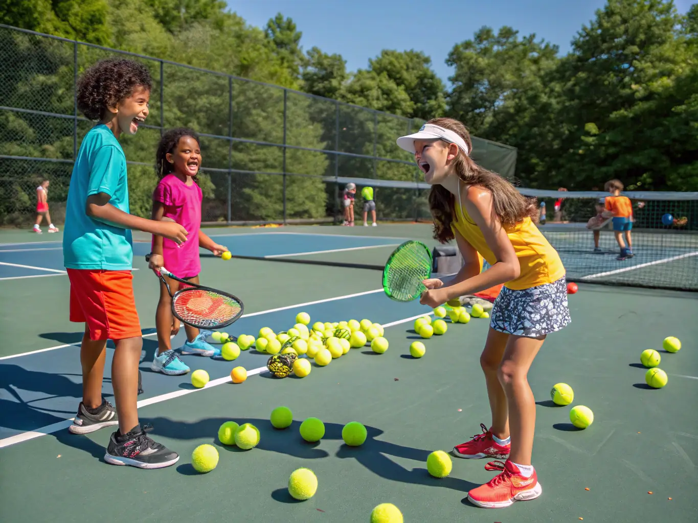 A dynamic shot of children participating in a junior tennis training session on a sunny court, with a coach providing guidance and encouragement. The image should convey energy, fun, and skill development.