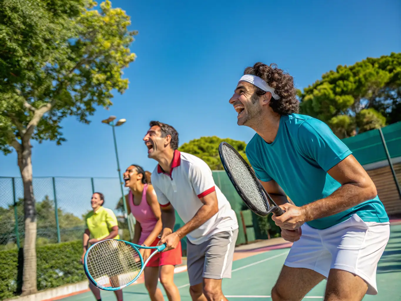 A serene image of club members enjoying a casual tennis match on a well-maintained court, emphasizing the social and recreational aspects of the club. The atmosphere should be relaxed and friendly.