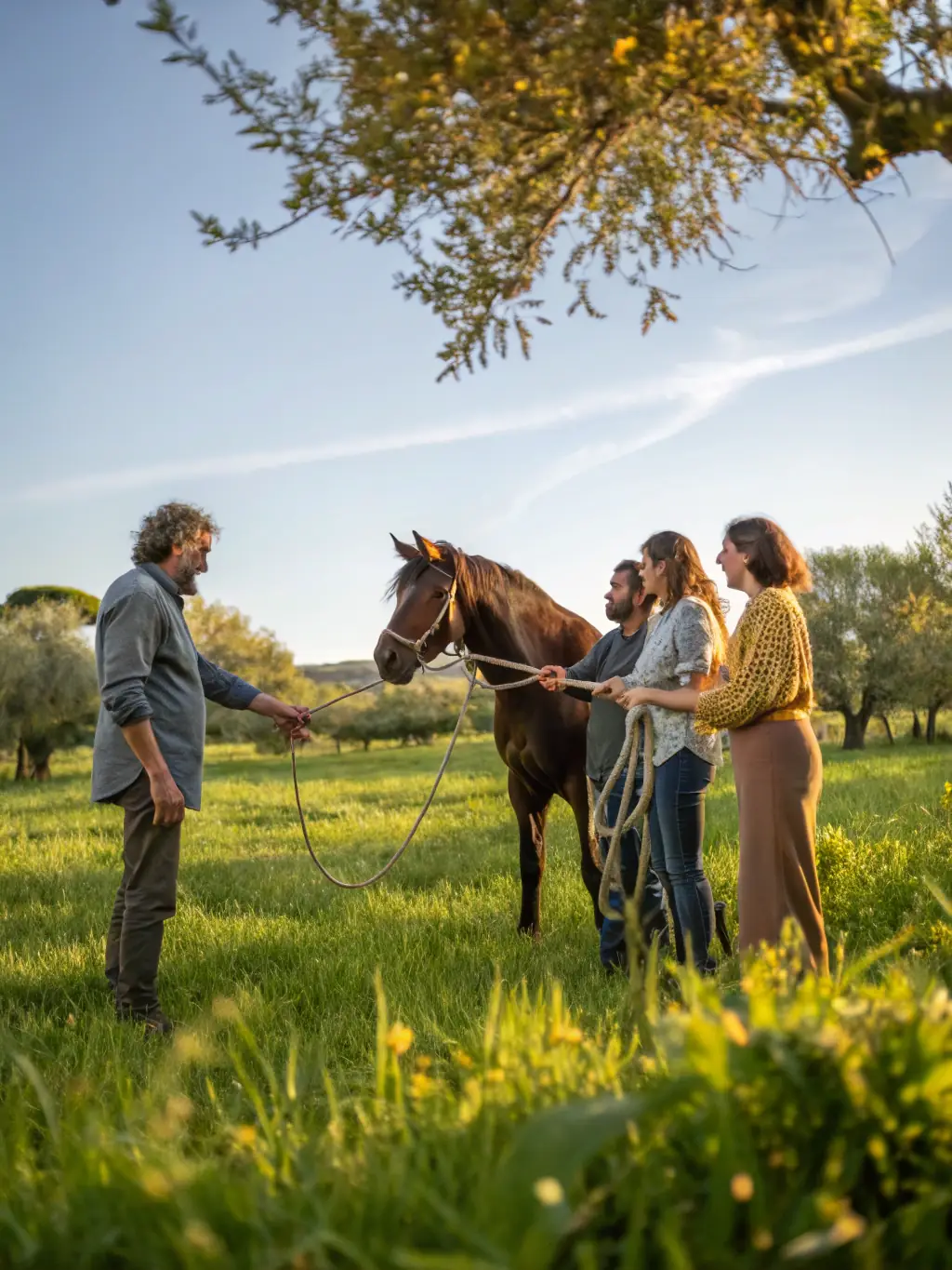A group of people participating in an equine welfare workshop, demonstrating 100 PUR-SANG's commitment to education and community outreach.