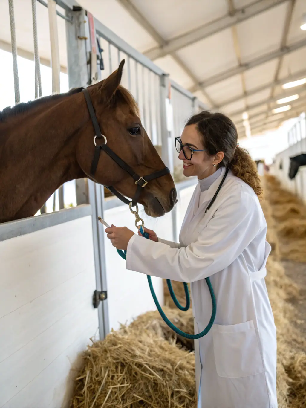 A veterinarian examining a retired racehorse, ensuring its health and well-being, with a focus on preventative care and addressing any specific health needs.