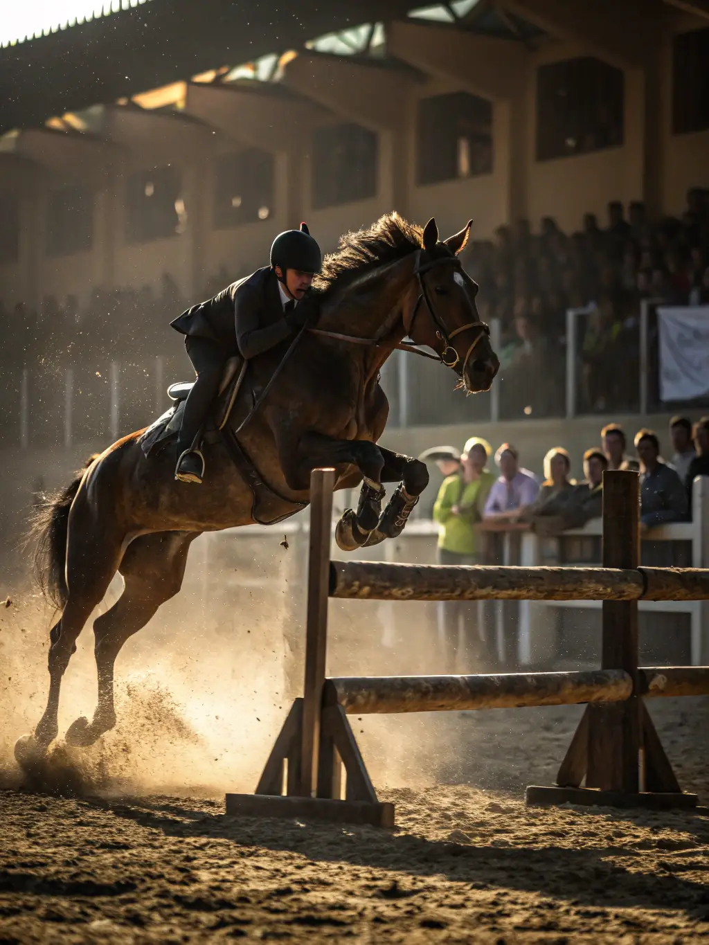 A scenic shot of a retired racehorse confidently jumping over a small obstacle during a training session, highlighting their potential for new disciplines.