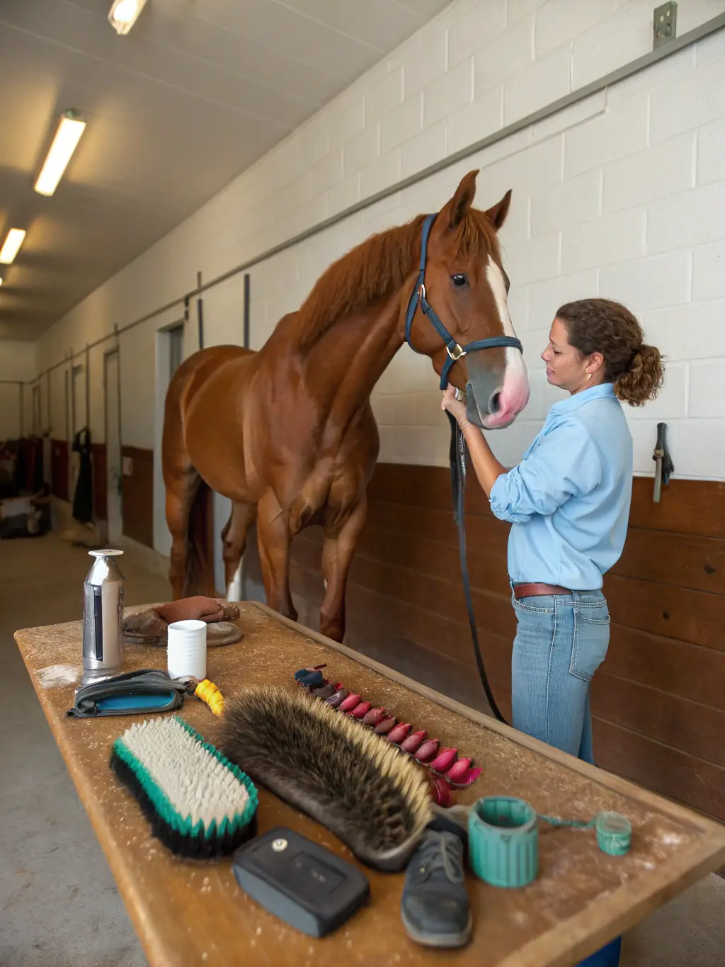 A heartwarming image of a volunteer gently grooming a retired racehorse, emphasizing the care and attention provided by 100 PUR-SANG.